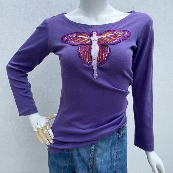 VTG Butterfly Goddess Embroidered Patch Purple Top - Picture 6 of 13